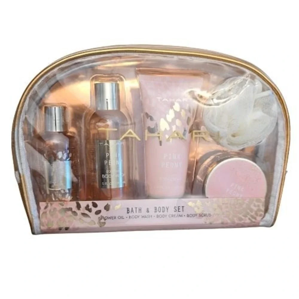 Tahari Pink Peony 5pc Bath Body Gift Set Shower Oil Wash Cream Scrub Travel Bag